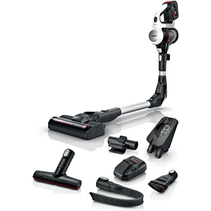 Bosch Akku-Staubsauger Unlimited 7 BSS715CARP, kabellos, Knickrohr, Hygiene-Filter, 10 Jahre Motorgarantie, 5.0 Ah Akku, Schnellladegerät, XXL-Polsterdüse, Turbostufe, Made in Germany, weiß