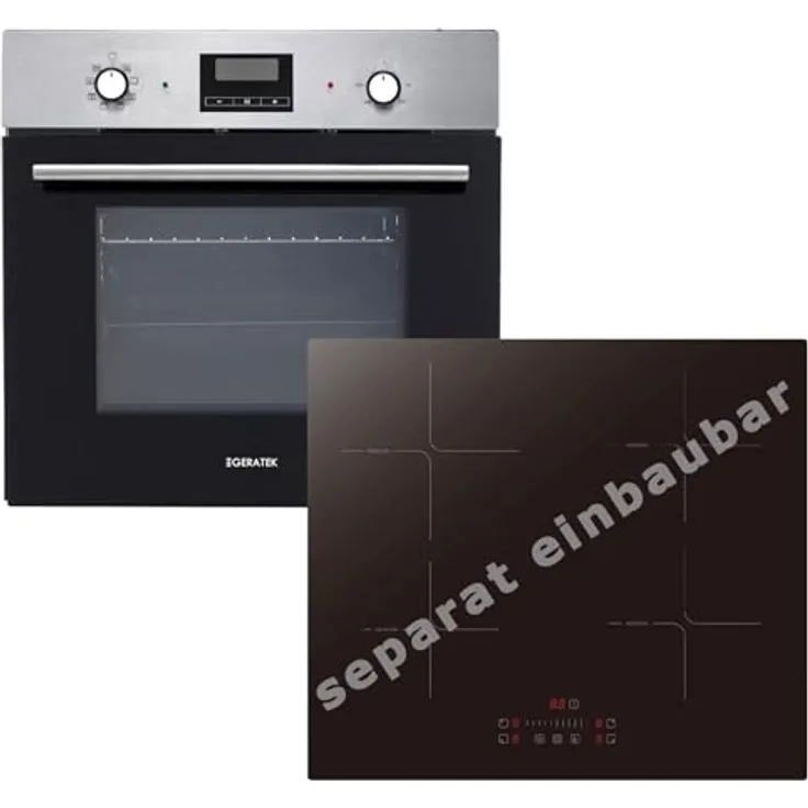 GERATEK Einbau Herdset, Backofen Umluft mit Timer und autarkem Induktionskochfeld, 60 cm rahmenlos, Energieeffizienz A, schwarzes Glas