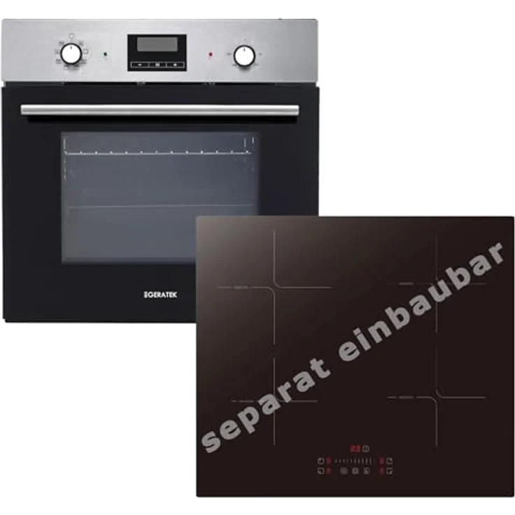 GERATEK Einbau Herdset, Backofen Umluft mit Timer und autarkem Induktionskochfeld, 60 cm rahmenlos, Energieeffizienz A, schwarzes Glas – Bild 1