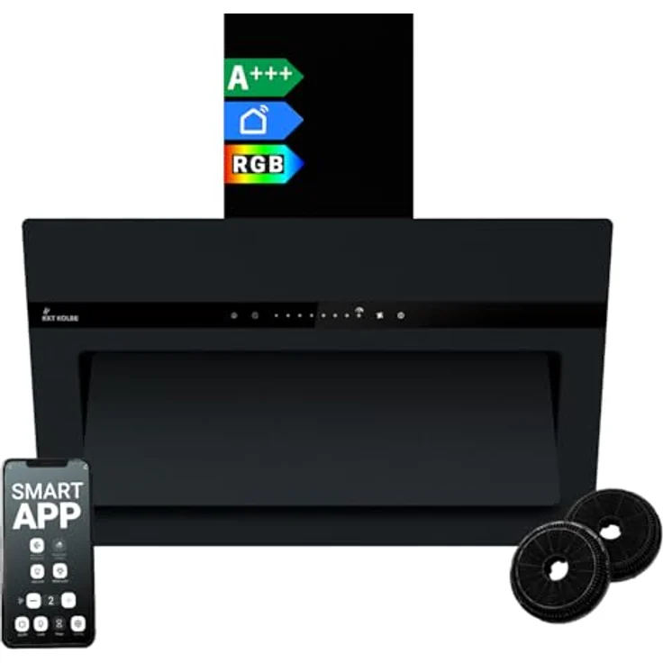 KKT KOLBE PLOOM8005S Dunstabzugshaube 80 cm, A+++ Kopffrei, 782 cbm/h Umluft/Abluft, Glas Matt Schwarz, Smart WiFi App, SensorTouch, RGBW LED-Beleuchtung, Nachlaufautomatik – Bild 1