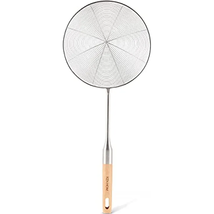 Ken Hom KH515 Edelstahl Net Schaumlöffel, Excellence, Holzgriff/zum Heben von Speisen aus heißem Öl/Flüssigkeit, Nicht spülmaschinenfest