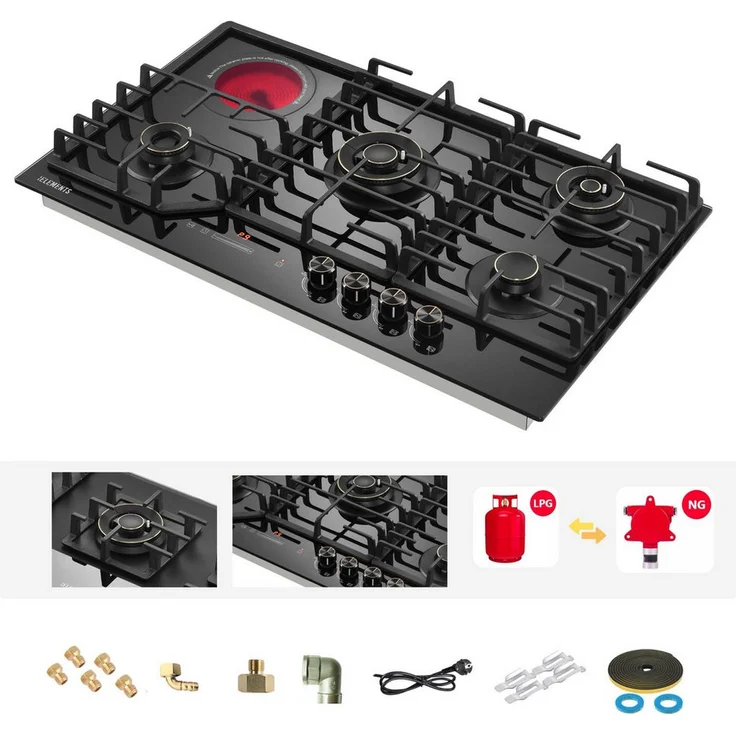 KB Elements Gas-Kochfeld ELK131GH5, Kupfer- und Aluminium-Brenner, Gusseisenrost, NG/LPG-kompatibel, Schwarz