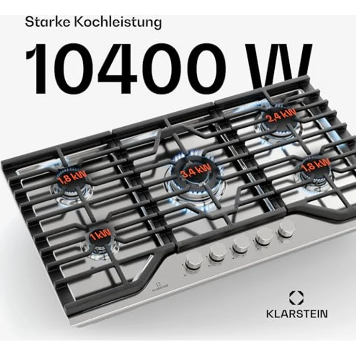 Klarstein Turbocast Gaskochfeld 5-Brenner Edelstahl 304, 3,4 kW Wokbrenner, Gusseiserne Pfannenhalter, Elektrische Zündung, Sicherheitsabschaltung, LPG-Umrüstsatz – Bild 2