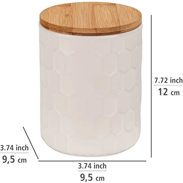 WENKO Aufbewahrungsdose Maya aus hochwertiger weißer Keramik mit Wabenstruktur, spülmaschinengeeignete Dose mit luftdicht verschließbarem Deckel aus Bambus, FSC® zertifiziert, 400 ml, Ø 9,5 x 12 cm – Bild 4