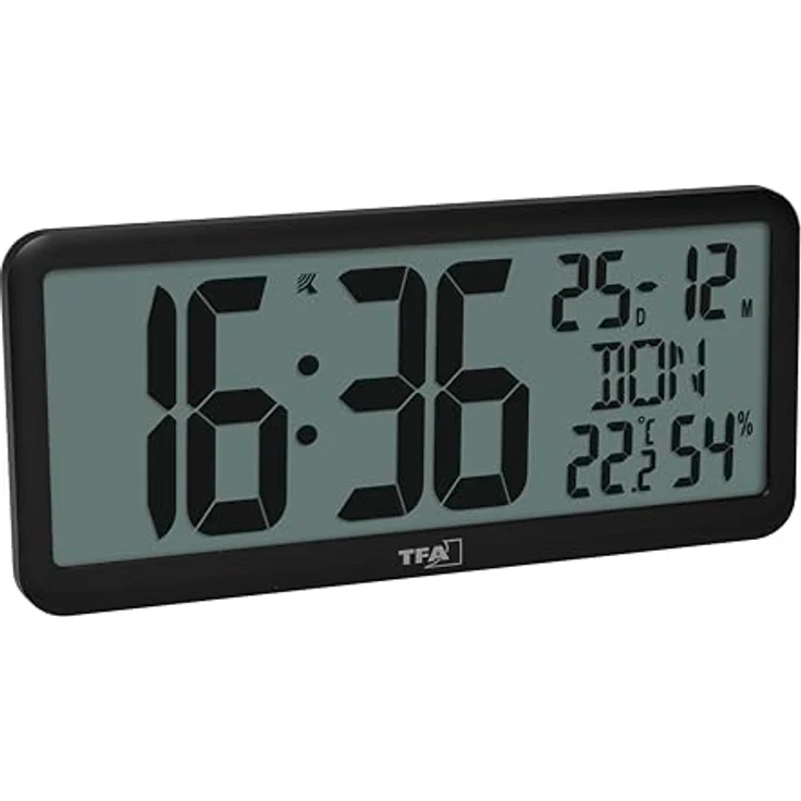 TFA Dostmann Digitale Wanduhr 60.4525, Funkuhr mit XXL Ziffern, Temperatur- und Luftfeuchtigkeitsanzeige, Kalender, schwarzes Design – Bild 3