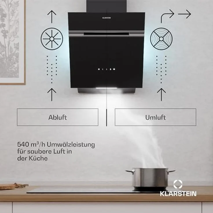Klarstein Alina Dunstabzugshaube – 540 m³/h, Touch-Bedienfeld, LED-Beleuchtung, Energieeffizienz A, 3 Leistungsstufen, Schwarz, Umluftbetrieb – Bild 2