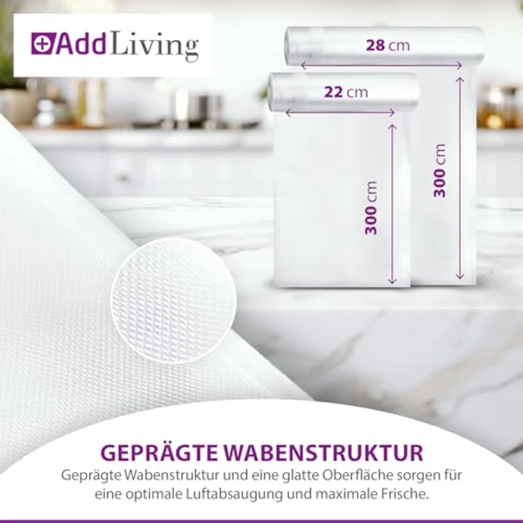 AddLiving Vakuumierbeutel Rollen Set, 5 Stück (3x 22x300 cm, 2x 28x300 cm) | Reißfeste, zuschneidbare Folien für Sous-vide und Gefrieren, MAXIMALE FRISCHE & LANGLEBIGKEIT – Bild 5