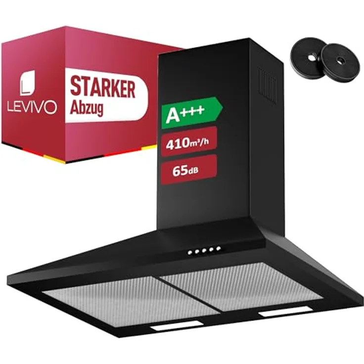 LEVIVO Dunstabzugshaube 60 cm A+++ mit 410 m³/h, Umluft & Abluft, 2 Aktivkohlefiltern, 2 Fettfiltern, Wandhaube, 3 Stufen, Edelstahl