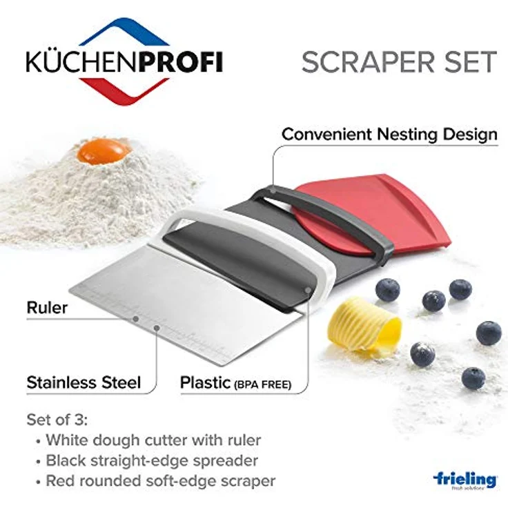 Küchenprofi Teigschaber Set, 18/8 Edelstahl & Kunststoff, Spülmaschinenfest, 3-teilig, Teigportionierer mit Messskala, Bunt, zum Portionieren, Schaben und Verteilen von Teig – Bild 2
