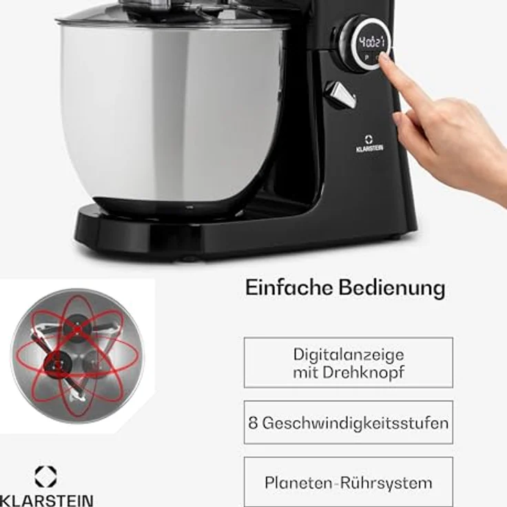 Klarstein Renata Rossa Küchenmaschine 3-in-1, 2000 W, 2,7 PS, 5 Liter Edelstahl Schüssel, inkl. Standmixer-, Fleischwolf-Aufsatz, schwarz – Bild 6