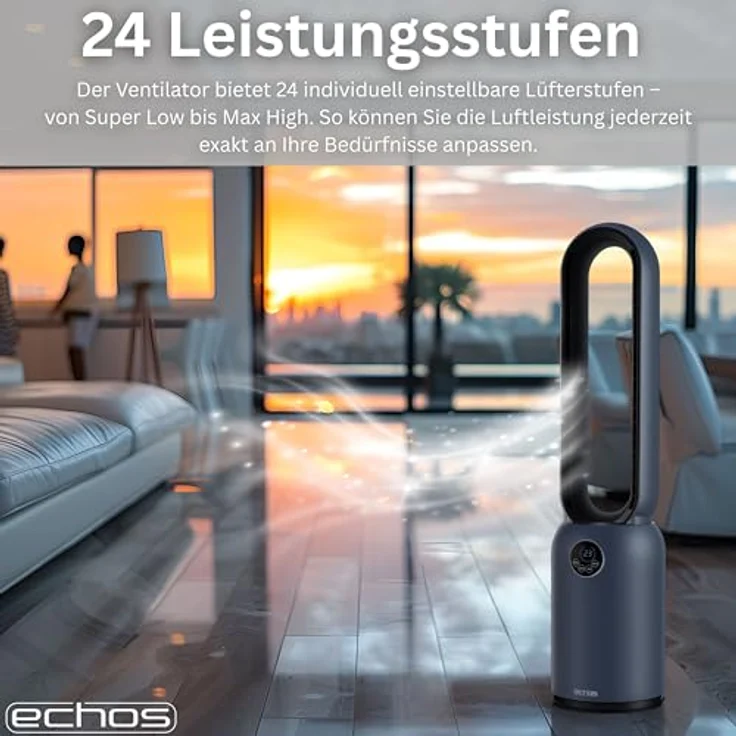 Echos® Turmventilator, bladeless mit HEPA-Filter, 24 Geschwindigkeitsstufen, energiesparend, leise, mit Fernbedienung und 12h Timer – Bild 5