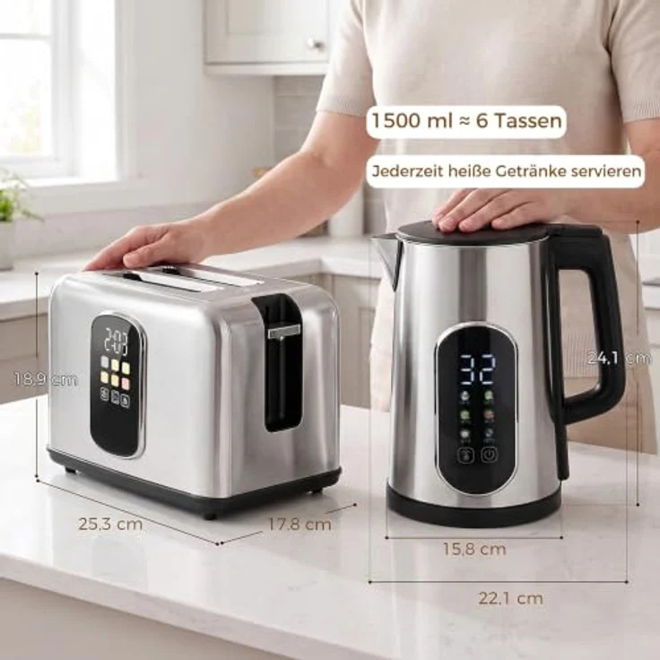 HOMCOM Wasserkocher Toaster Set, 2200 W Wasserkocher (1,5 L) und 2-Scheiben Toaster in Silber, mit LED-Touch und Warmhaltefunktion – Bild 8