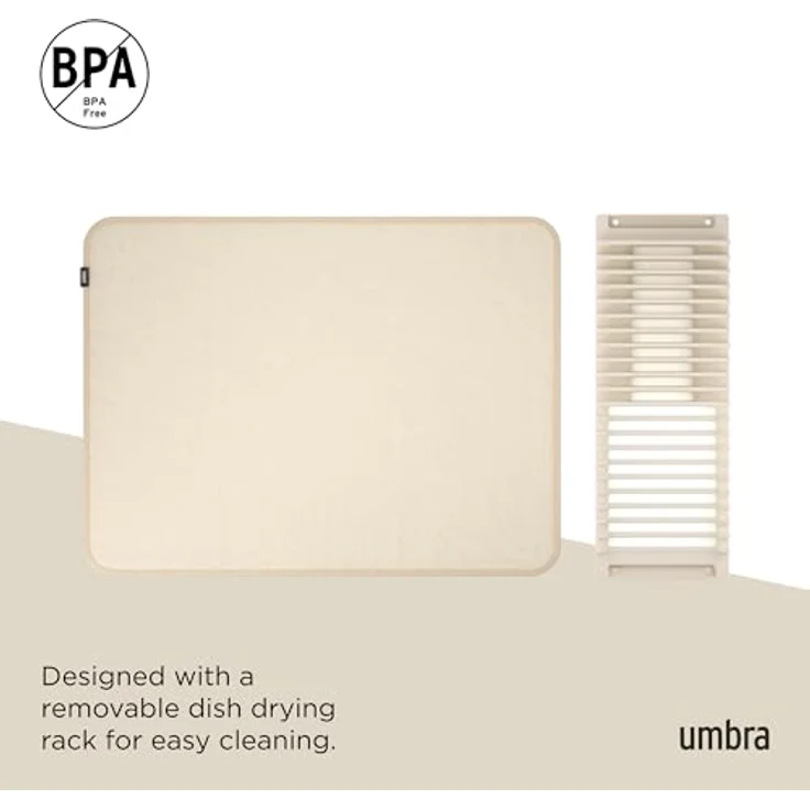 Umbra Udry Geschirr Abtropfgestell und Mikrofaser Abtropfmatte – Faltbar, Platzsparend und Leicht Verstaubar, 60 x 45 cm, Hellbeige – Bild 6