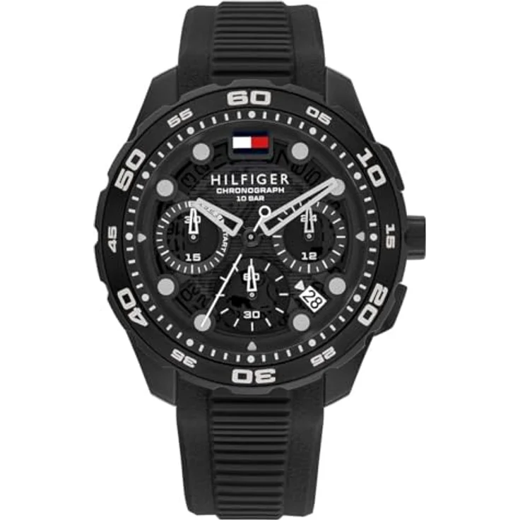 Tommy Hilfiger Chronographen-Quarzuhr mit Kalender für Herren, schwarzes Silikonarmband, 44 mm Gehäuse, 10 ATM wasserdicht, schwarzes Zifferblatt – Bild 1