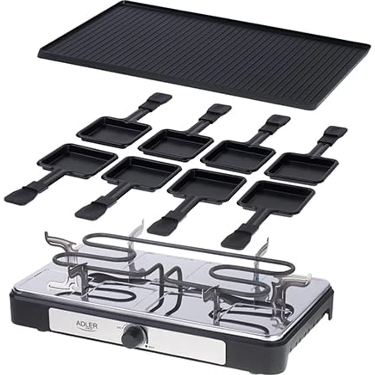 ADLER - Elektro-Raclette-Grill komplett mit Pfännchen - Rauchfreies Barbecue im modernen Stil für 8 Personen - Große Grillfläche - Elektrischer Grillrost - zum Anbraten von Speisen – Bild 1