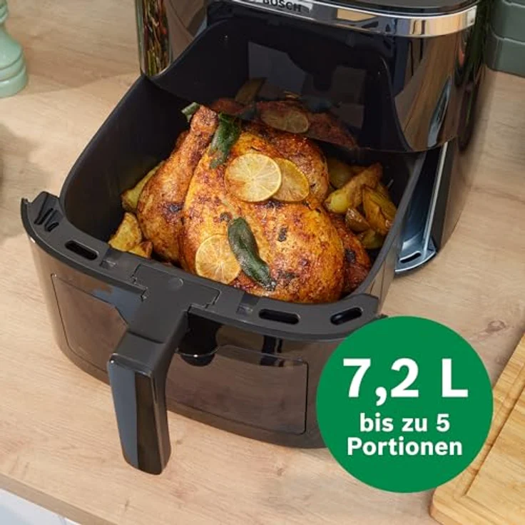 Bosch Heißluftfritteuse Serie 6 MAF671B0, XXL Air Fryer mit 7,2 L Fassungsvermögen, 7 voreingestellten Programmen, beleuchtetem Sichtfenster, bis zu 65% schnellerem Kochen, Schwarz – Bild 4