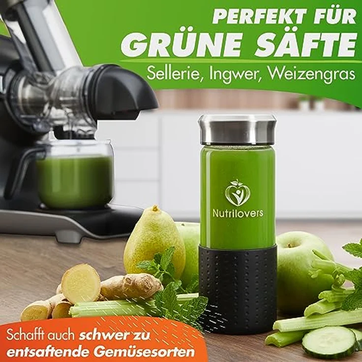 Nutrilovers GREEN-PRESS EDELSTAHL Slow Juicer, 304 Edelstahl, BPA-frei, elektrisch, Hochleistungsentsafter für ganze Früchte, Sellerie und Blattgemüse, Testsieger 2023, spülmaschinenfest – Bild 5