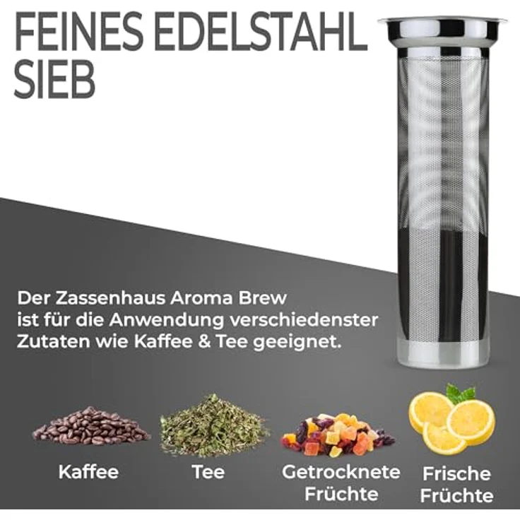 ZASSENHAUS Kaffeebereiter Aroma Brew 1L, mit mikrofeinem Edelstahlfilter, hitzebeständigem Borosilikatglas, Silikon Griff, 8 Tassen – Bild 3