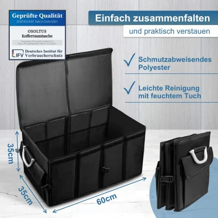 osoltus Kofferraumtasche 60x35x30cm, Organizer mit 3 großen Fächern und flexiblen Zwischenwänden, schwarz – Bild 6