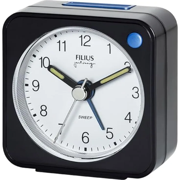FILIUS Filius 0524-17 Wecker ohne Ticken, Kleinformat 5,5 x 5,5 cm, Schwarz, beleuchtet mit Lauter Alarm und Schlummerfunktion