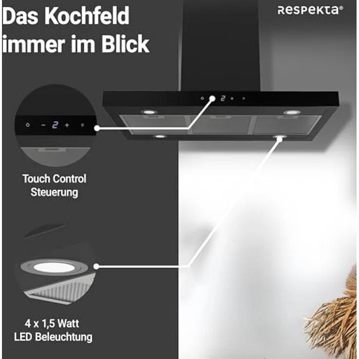 Respekta Cara Dunstabzugshaube, Inselhaube in Schwarz-Matt mit Glasfront, 90 cm, 9 Leistungsstufen, Touch Control, Energieeffizienz A+ – Bild 3