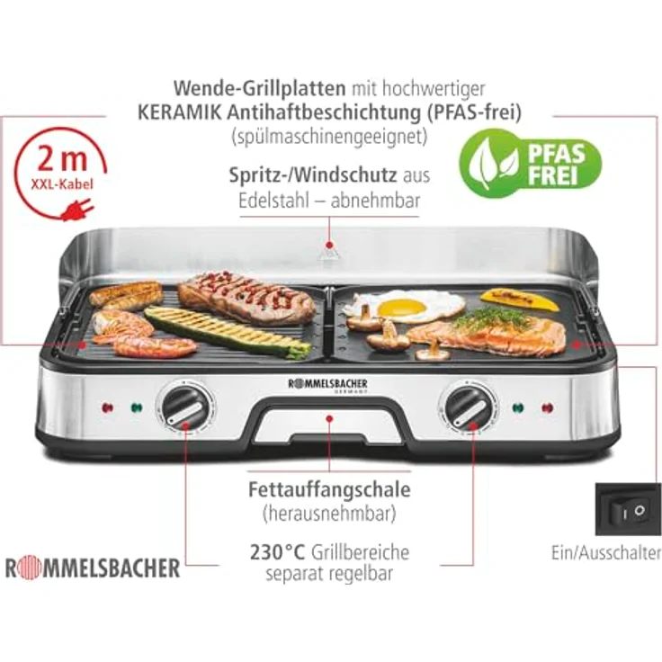 Rommelsbacher Tischgrill BBQ 2025, 2 Wende-Grillplatten (geriffelt und glatt), PFAS-freie keramische Antihaftbeschichtung, bis 230 °C, 2 m Kabel, 2000 W - Preisvergleich – Bild 4