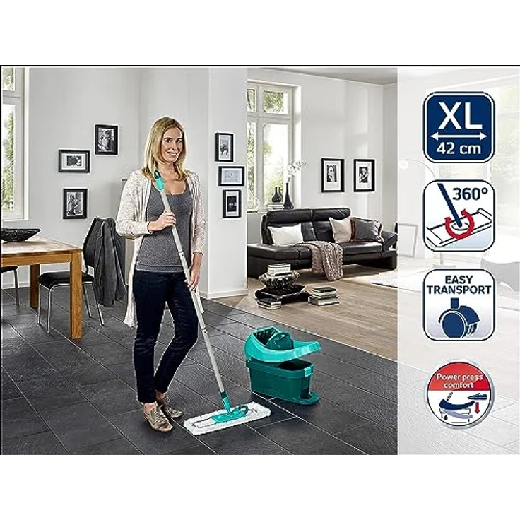 Leifheit Set Wischtuchpresse Profi XL mit Bodenwischer 146cm und Rollen, 1x Mikrofaser Bezug für alle glatten Böden & 1x elektrostatisches Staubtuch, Putzen ohne Bücken wie handgewrungen, Click-System – Bild 3