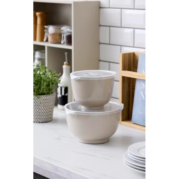 Rosti Margrethe Schüssel Set, Rührschüssel Set, 4-Teilig mit 2 Rührschüsseln und 2 Deckel, Teigschüssel aus Recycelbarem Kunststoff, 1,5 Liter und 3 Liter, Humus – Bild 2