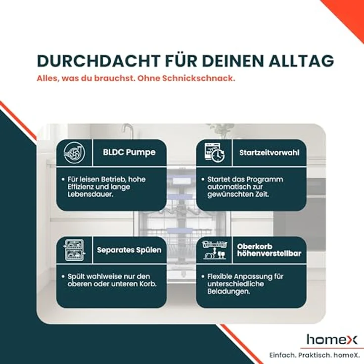 homeX DWFI601442A Geschirrspüler 60 cm, vollintegrierbar, 14 Maßgedecke, 8 Programme, leise mit 42 dB, Energieeffizienzklasse A – Bild 10