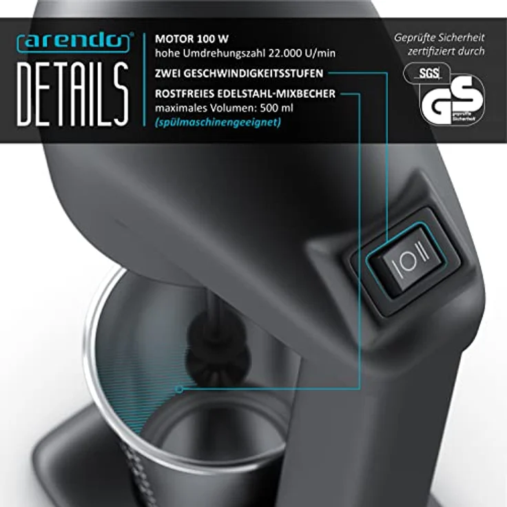 Arendo Drink Mixer, elektrischer Standmixer mit 500 ml Becher, 22.000 U/min, 2 Geschwindigkeitsstufen, inklusive Doppelrührstab für Fitness Drinks und Cocktails – Bild 3