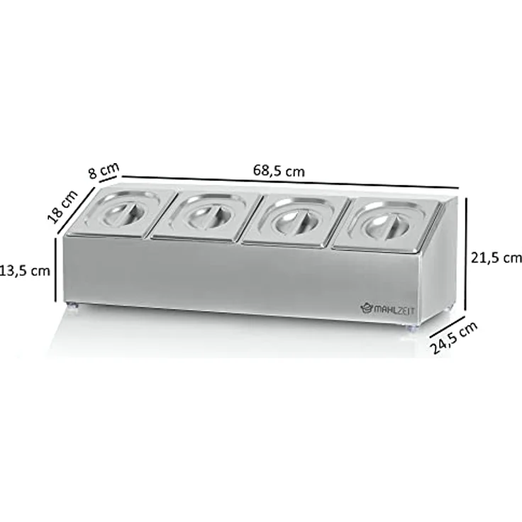 Mahlzeit Edelstahl Zutatenbehälter | 4 x 1/6 GN Catering Behälter mit Gummifüßen, 68,5 x 24,5 x 21,5 cm | Cocktail Zutatenbehälter für Gastro, Küche, Pizza Station, Buffet Zubehör, Salatbar – Bild 4