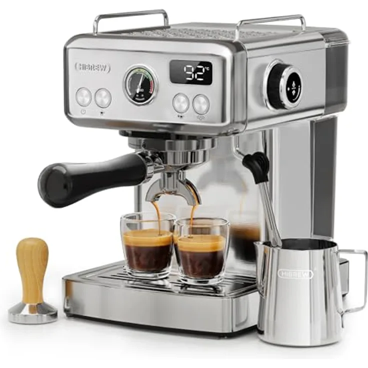 HIBREW H10A Programmierbare Espressomaschine, 19-Bar-Extraktionsdruck, gebürsteter Edelstahl, einstellbare Temperatur und Tassenvolumen, Dampfrohr für Milchaufschäumer
