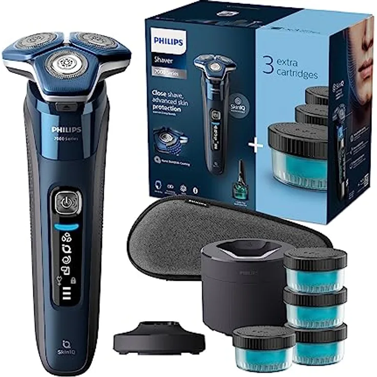 Philips Shaver Series 7000 – Elektrischer Nass- und Trockenrasierer für Herren mit ausklappbarem Trimmer, Reinigungsstation, 4 x Reinigungskartuschen, Ladestation & Reiseetui (Modell S7885/63)