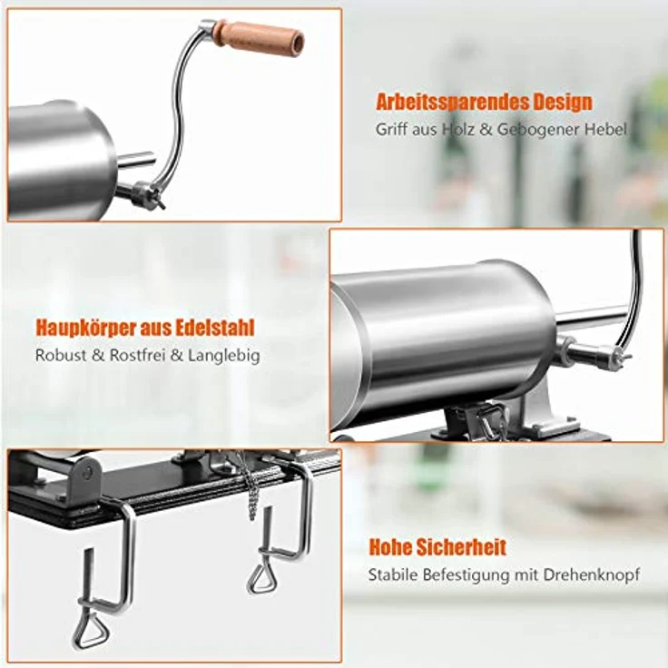 KOMFOTTEU Wurstfüllaufsatz Wurstfüllmaschine, Wurstspritze 4,8 L, rostfrei, mit Halterung und 4 Füllrohren – Bild 6