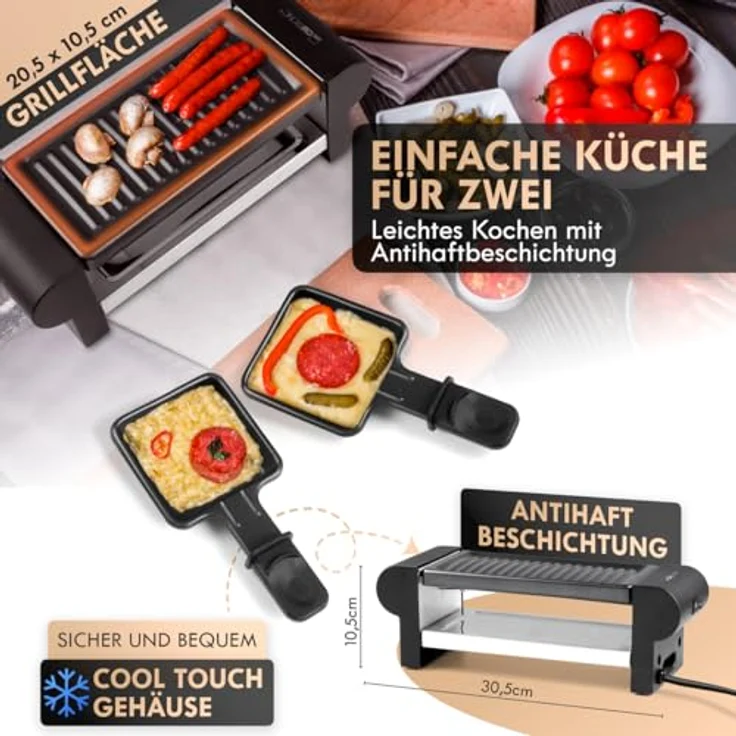Clatronic RG 3592 2-Personen-Raclette-Grill zum Grillen und Überbacken, Cool-Touch-Gehäuse, 2 Pfännchen, antihaftbeschichtet, schwarz – Bild 2