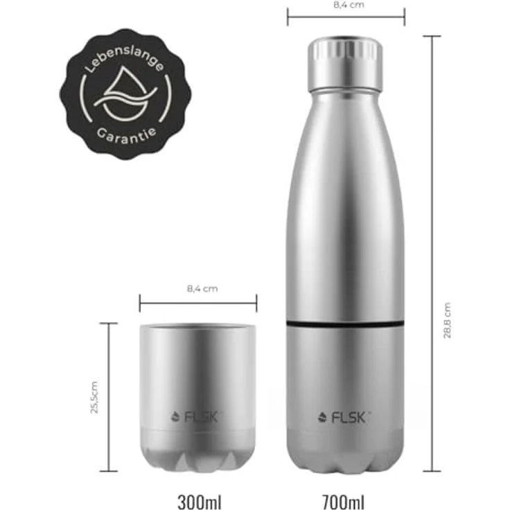 FLSK Trinkflasche mit integriertem Becher, Premium Edelstahl Thermosflasche, 2-in-1 System, 100% auslaufsicher, hält 24h kalt & 18h heiß, BPA-frei, Edelstahl – Bild 3