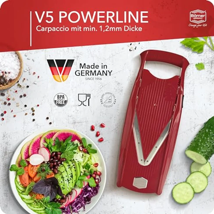 Börner Gemüsehobel V5 PowerLine Basis Set, Kunststoff, nur zum Schneiden von Scheiben rot – Bild 4