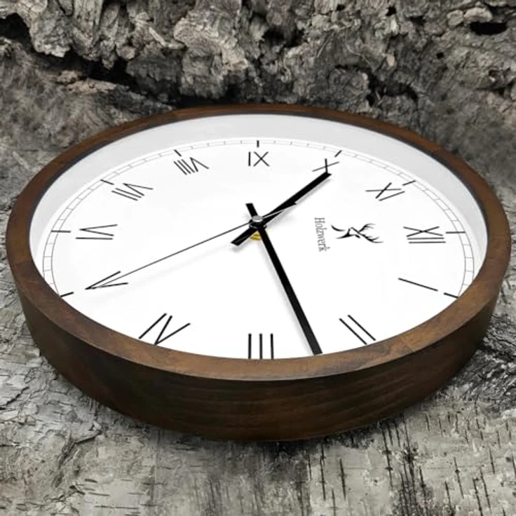 Holzwerk Germany Natur Holz Wanduhr Holz-Uhr Vintage lautloses Uhrwerk ohne Tickgeräusche römische Ziffern Braun Weiß lautlos aus handgefertigtem Massivholz Natur Holz 30 cm (Römisch.Braun) – Bild 5