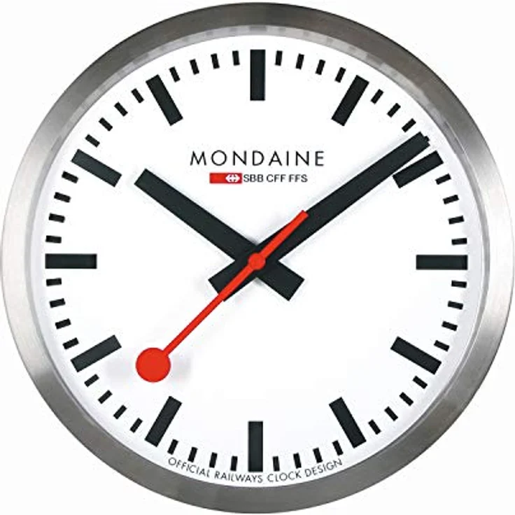 Mondaine - Wanduhr A995.Clock.16SBB 40cm - Bahnhofsuhr in Silber aus gebürstetem Aluminium mit rotem Sekundenzeiger staubbeständig - Hergestellt in der Schweiz – Bild 1