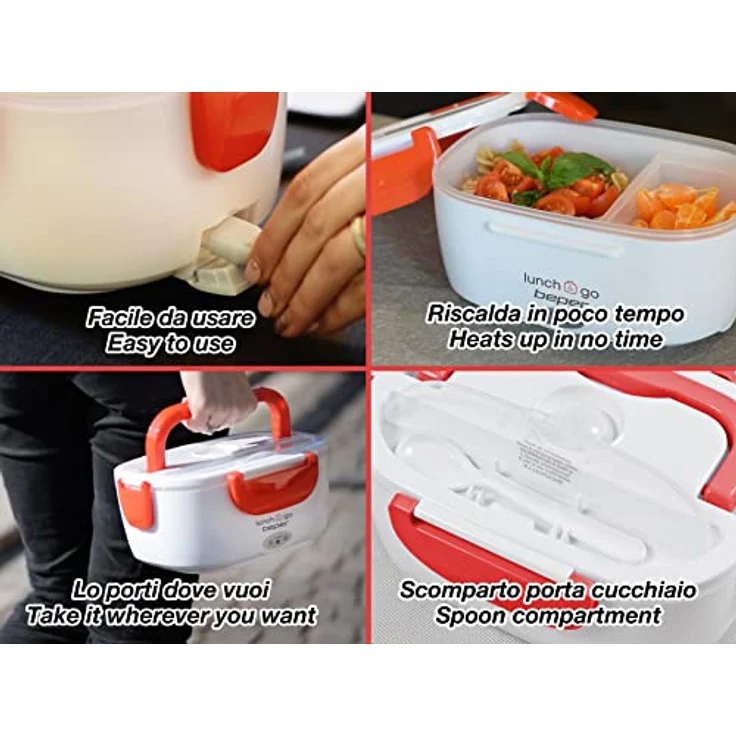 Beper Lunch & Go - Wärmende Lunchbox, tragbarer elektrischer Speisenwärmer, 2 herausnehmbare Behälter, Stahlheizplatte, mitgeliefertes Plastikbesteck, 220 V - Rot – Bild 5