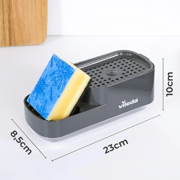 Vileda Pump Spülmittelspender mit Schwammhalter, 2-in-1-Lösung für die Küche, einfacher Einhand-Dosierer aus robustem Kunststoff – Bild 2