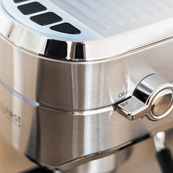 TZS First Austria Espresso Siebträgermaschine elektrisch, mit professionellem Milchschäumer, tauglich für Pads, 1L Wassertank, inkl. 2 doppelwandige Glasbecher, Edelstahl – Bild 5