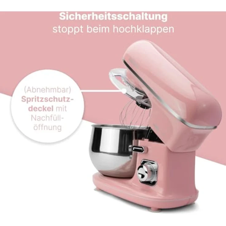 Clatronic KM 3711 Rock'n'Retro Knetmaschine inkl. transparentem Spritzschutzdeckel mit Nachfüllöffnung, 1100 Watt, 5 Liter, schwenkbarer Multifunktionsarm, Pink – Bild 5