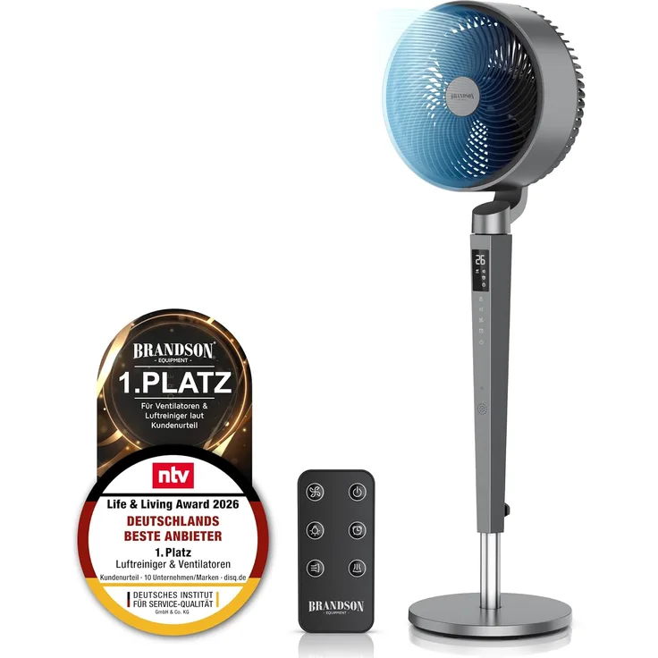 Brandson 308345 Standventilator mit leisem DC-Motor, 24 Geschwindigkeitsstufen, 3D-Oszillation, 12h Timer, Fernbedienung