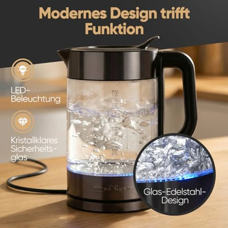 ProfiCook® Wasserkocher PC WK 1322, 1,7L, 2200W, Glas/Edelstahl, beleuchtet, BPA-frei, Einhandbedienung, 360° drehbarer Sockel, schwarz – Bild 3