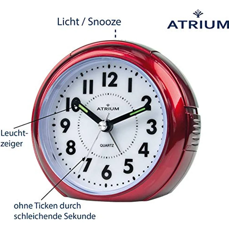 Atrium A240-1, Analog Quarz Wecker ohne Ticken, Rot Metallic, mit Licht und Snooze-Funktion – Bild 2