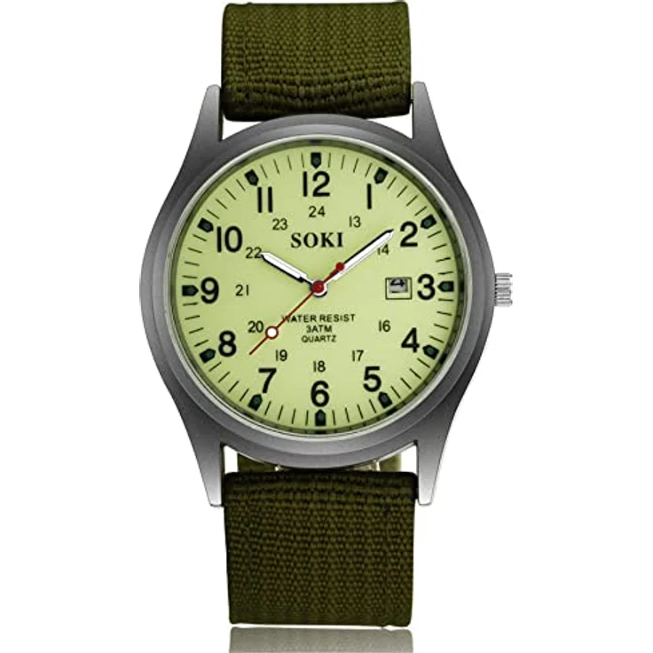 JewelryWe Uhren Herren Nylon Militär, 12/24H Datum Kalender Analog Quarz Armbanduhr mit leuchtenden Zeigern und grünem Nylonarmband – Bild 1