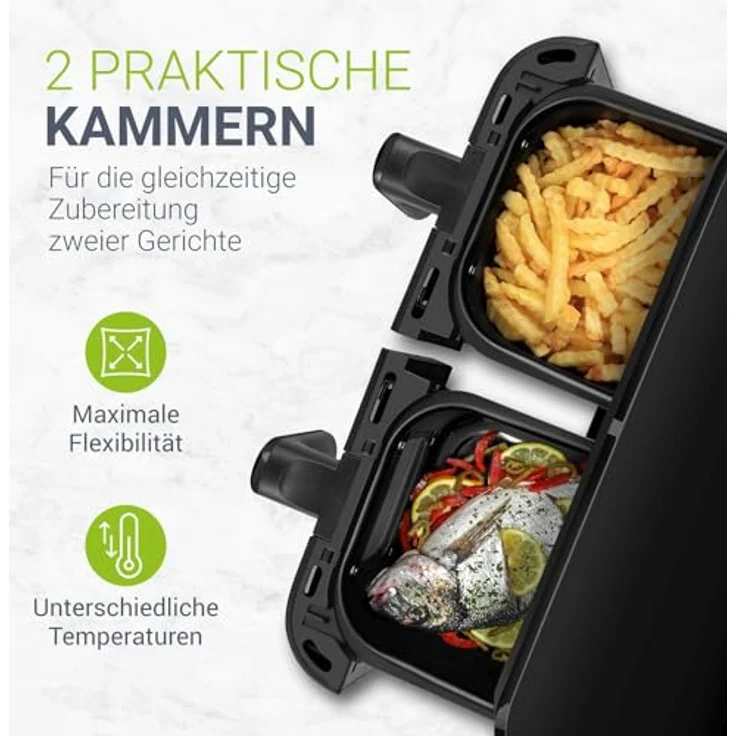 Juskys Heißluftfritteuse 9 L Doppelkammer - XXL Fritteuse mit 2 Körben, 9 Programme, Smart Finish, teflonbeschichtet - weiß – Bild 3