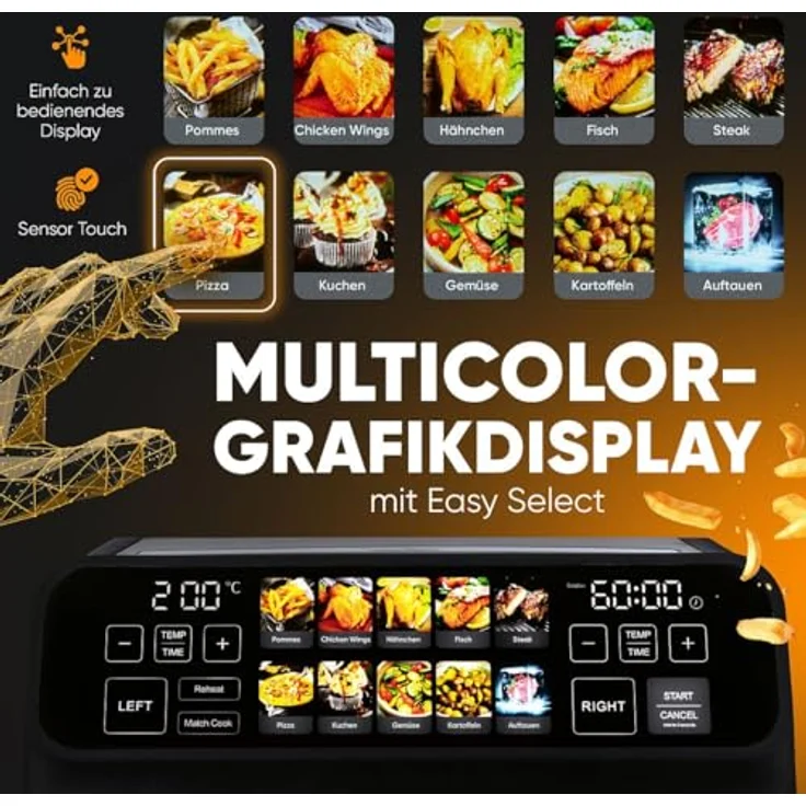ProfiCook® Heißluftfritteuse 2 Kammern | 8L Heißluftfritteuse Doppelkammer | kein Öl oder Fett | Air Fryer m. Color-Display | Doppel Heißluftfritteuse 2200 Watt | Heißluftfritteuse XXL | PC-FR 1287 H – Bild 2