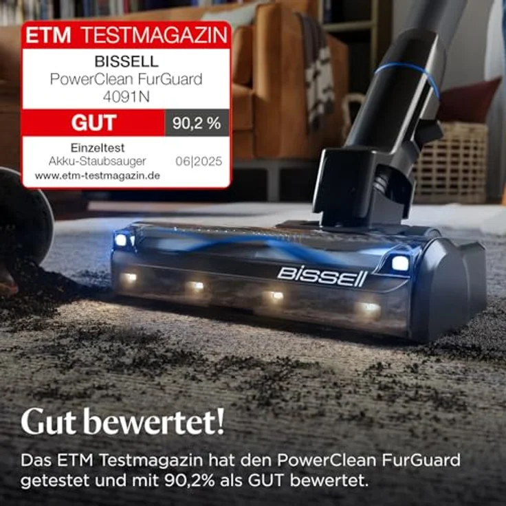 Bissell PowerClean FurGuard 4091N, Akku Staubsauger mit 280W Motor, Selbstreinigender Bürstenrolle, FurFinder-Licht, HEPA-Filter, 50min Laufzeit, 2500 mAh Akku – Bild 2